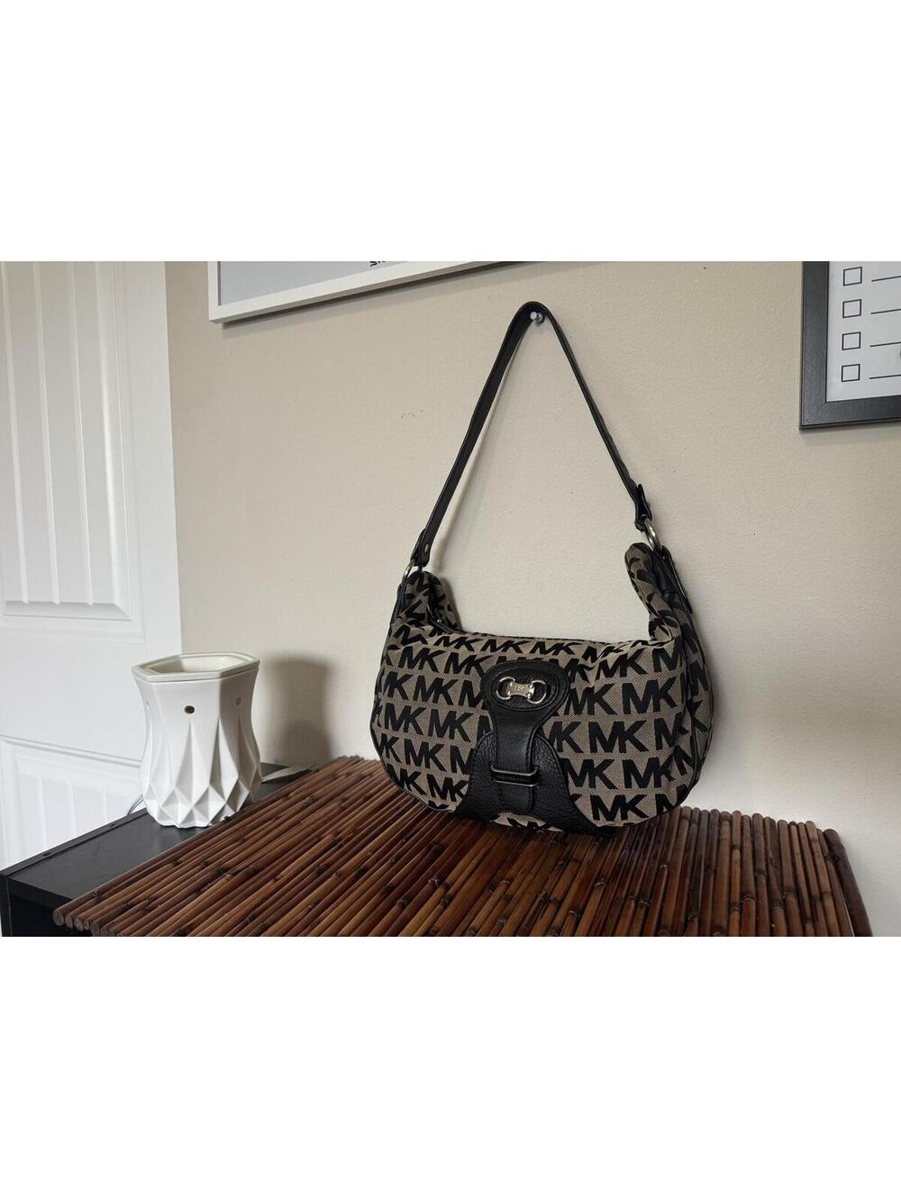 Michael Kors MK Logo Shoulder Brown Black Monogram Canvas Leather Trim Zip Top